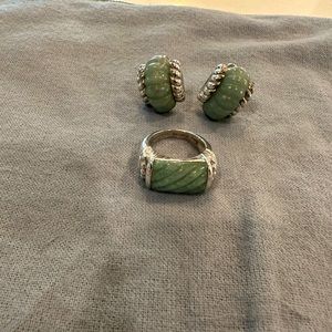 Judith Ripka .925 Sterling Silver Jade Omega Back Huggie Earrings &Matching Ring